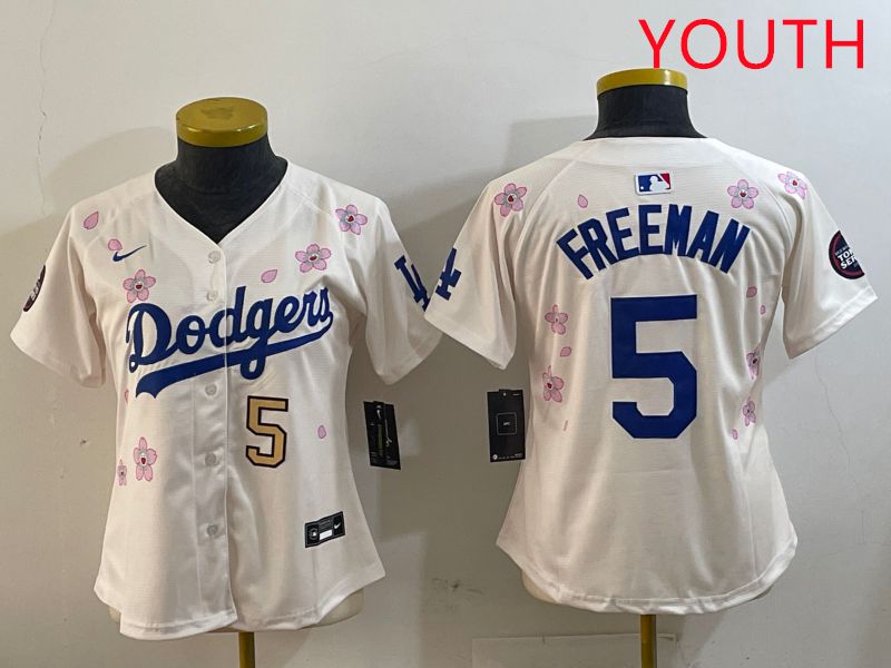 Youth Los Angeles Dodgers #5 Freeman Cream Sakura Edition 2025 Nike MLB Jersey style 8